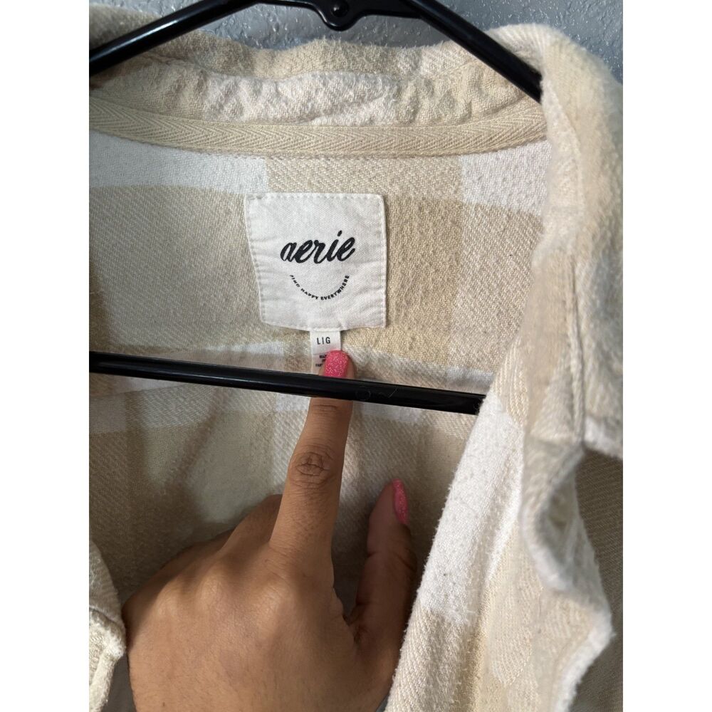 Aerie Beige Cream Plaid Oversized Flannel Shacket Button-Up Shirt Large